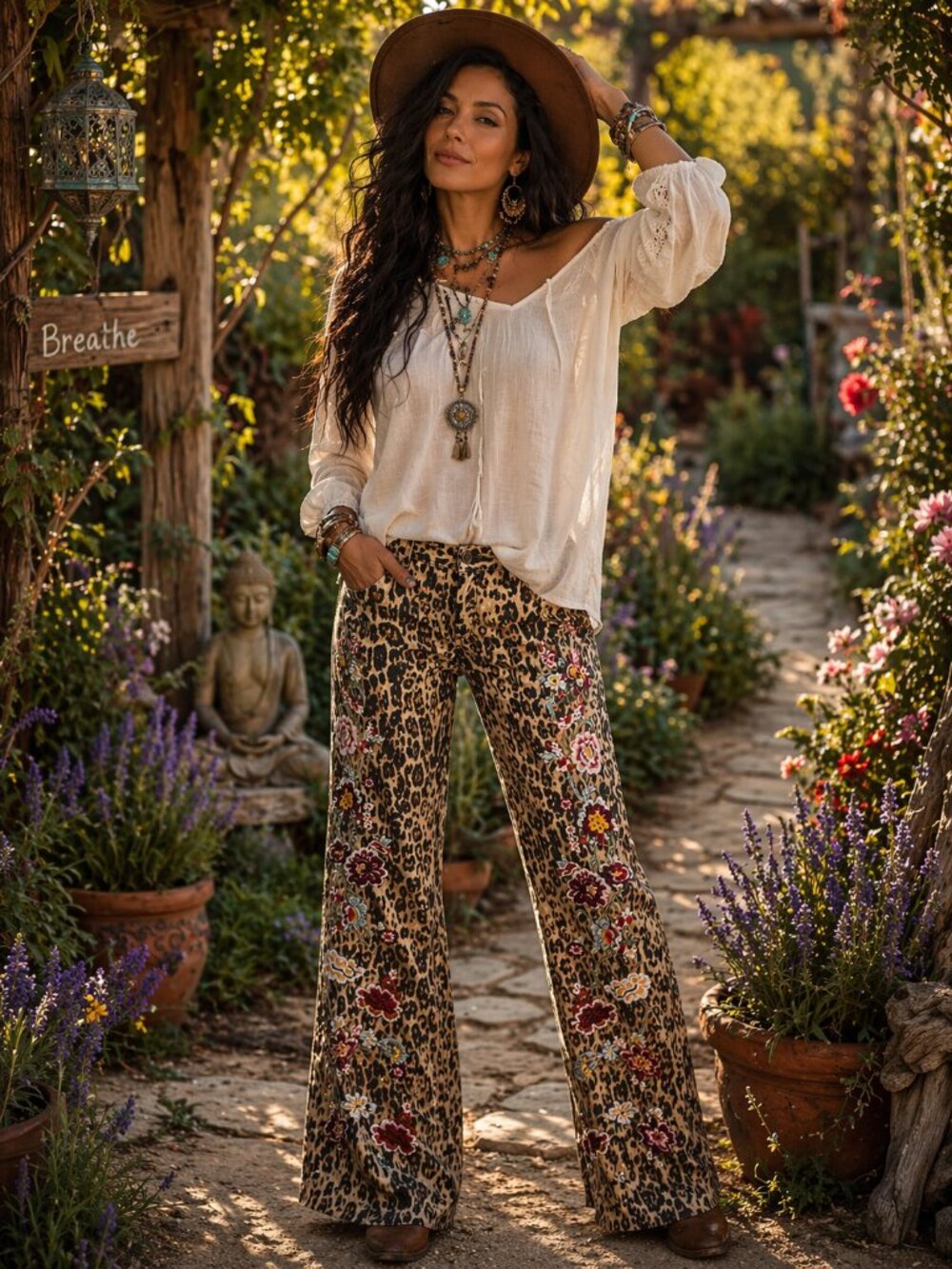Women’s Leopard Print Boot Cut Jeans with Floral Embroidery - Khaki - Picture 2 of 10
